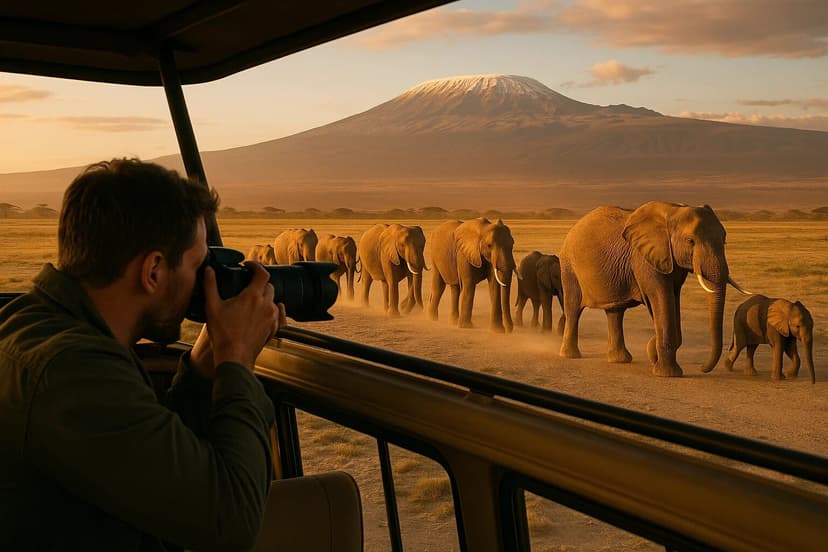 Elephants crossing the Amboseli plain below the snows of Kilimanjaro