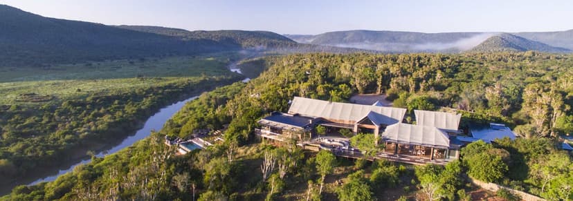 Aerial view of Settlers Drift tented lodge above the Bushman's River, Kariega
