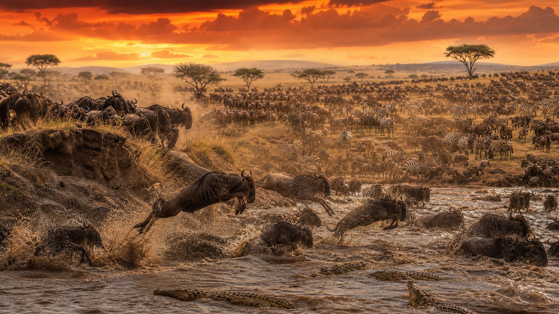 Private safari vehicle on the golden plains of Masai Mara at sunrise with acacia trees